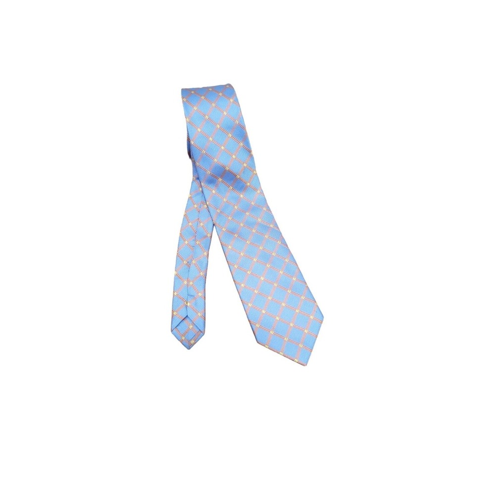 Egara‎ Necktie Mens OS Blue Orange Plaid Geometric 100%Silk Dress Tie Formal